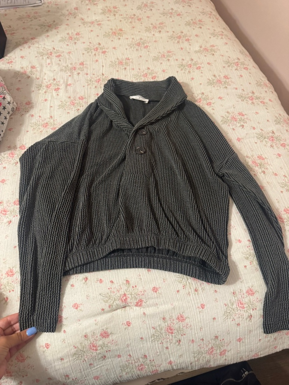 Zenana Outfitters Ribbed Shawl Collar Pullover Sweater - Charcoal Gray